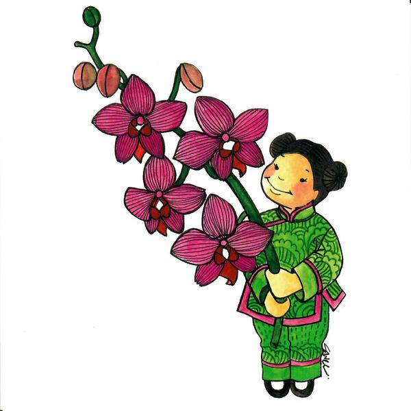 PAGODA KINGDOM Postcard: Flower Girls Orchid  - Love, Beauty, Good Fortune & Wealth
