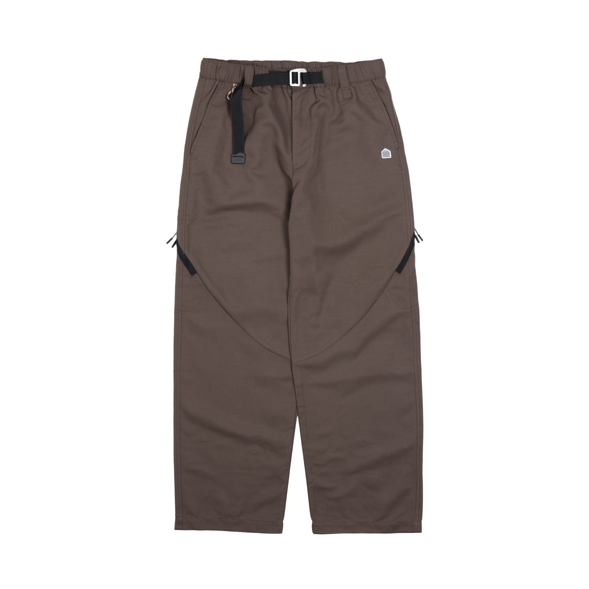 Brown pants with a belt and visible brand logo on a white background