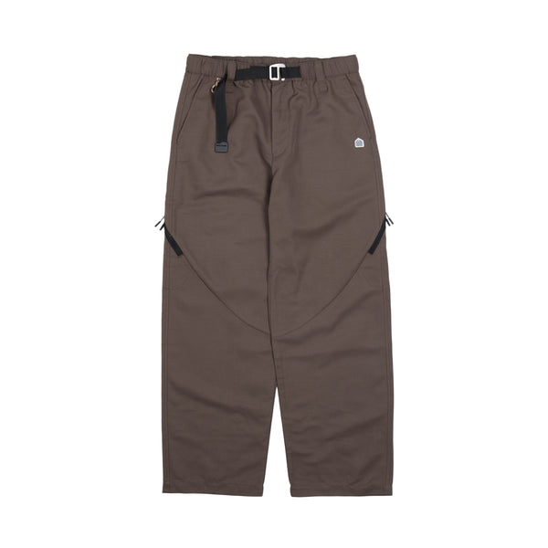 Brown pants with a belt and visible brand logo on a white background