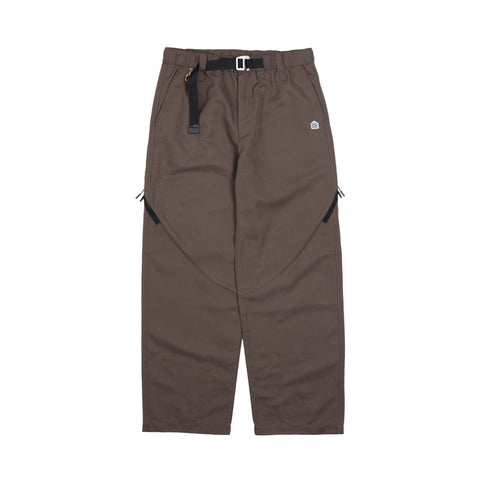 Brown pants with a belt and visible brand logo on a white background