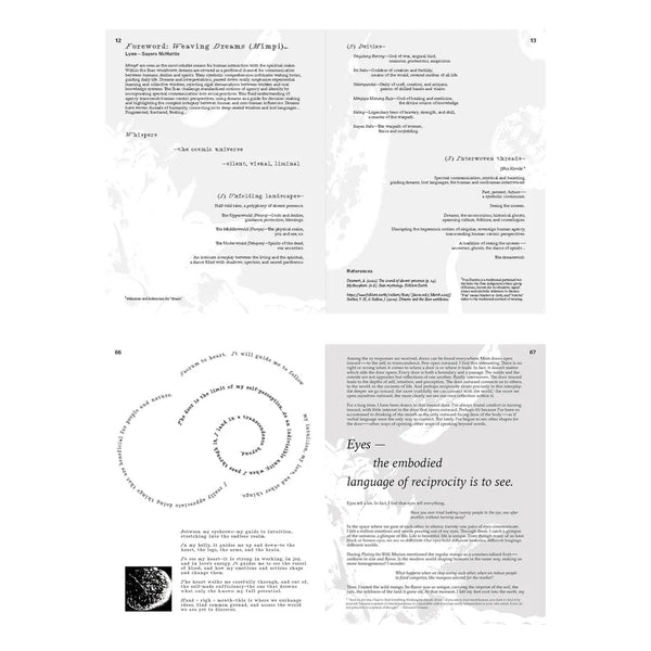 Page from a book with text and a spiral design on a white background