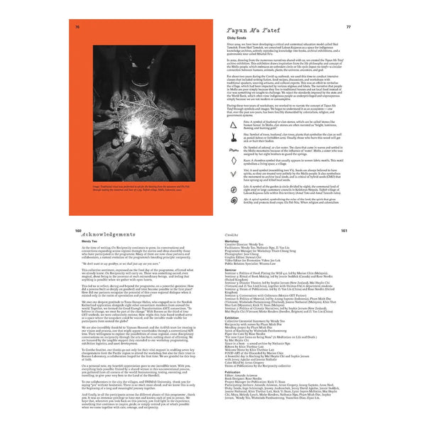 Book page with a dark illustration on an orange border and text on a white background