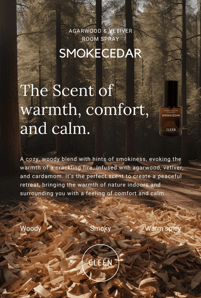 Advertisement for Smokecedar room spray with a forest background and product packaging.