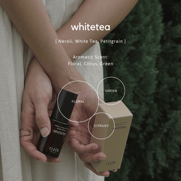 Person holding a bottle and box of Cleen Whitetea product with greenery in the background