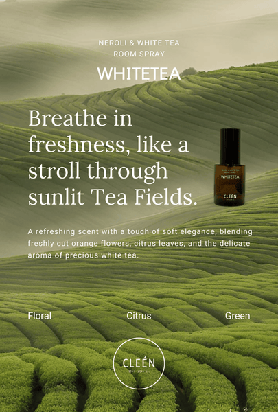 Advertisement for Whitetea room spray with green tea field background