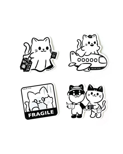 Set of five black and white cat-themed stickers on a white background