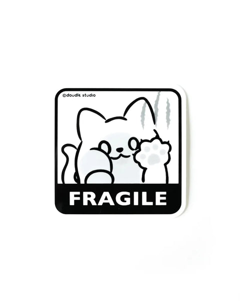 Sticker with a cat illustration and 'FRAGILE' text on a white background