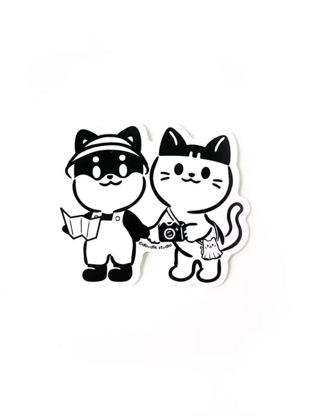 Two cartoon cats, one with a camera and the other with a book, on a white background.