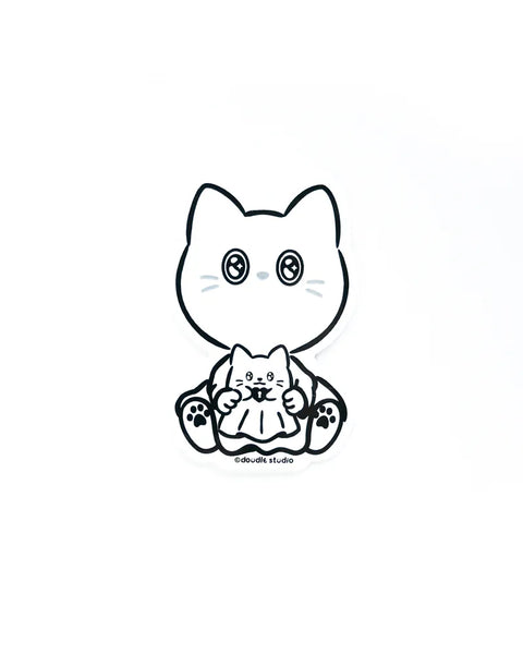 Black and white illustration of a cat holding a small cat toy on a white background