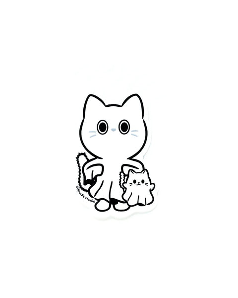 Black and white illustration of a cat holding a smaller cat on a white background