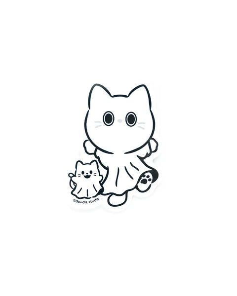 Black and white illustration of a cat in a dress with a smaller cat on its back, from Studio M.