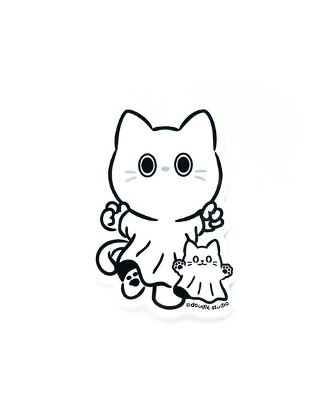 Black and white illustration of a cat character with a smaller cat underneath on a white background.
