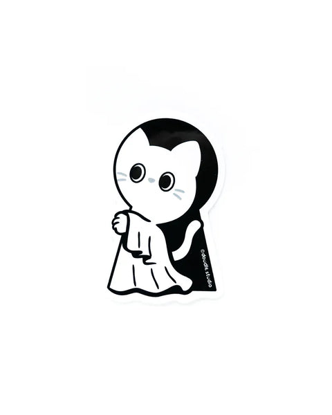 Black and white cartoon character with a ghostly appearance on a white background