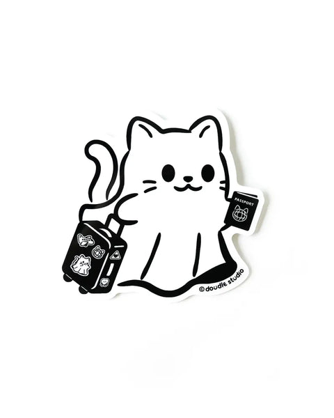 Sticker of a cat with a suitcase and passport on a white background
