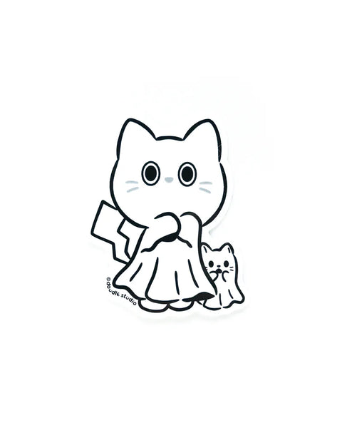 Black and white illustration of a cat in a dress holding another cat.