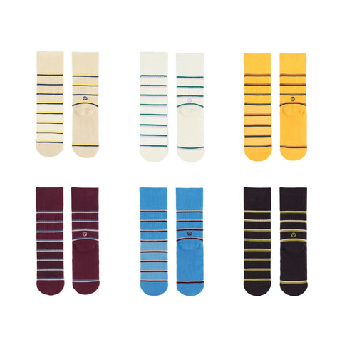 Collection of striped socks in various colors on a white background