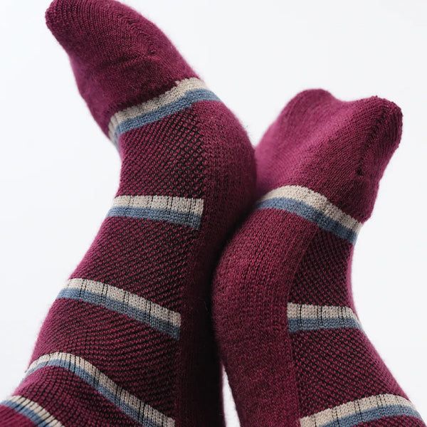 Pair of maroon socks with blue and white stripes on a white background