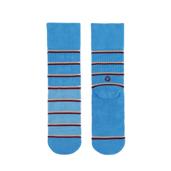 Pair of blue socks with horizontal stripes on a white background
