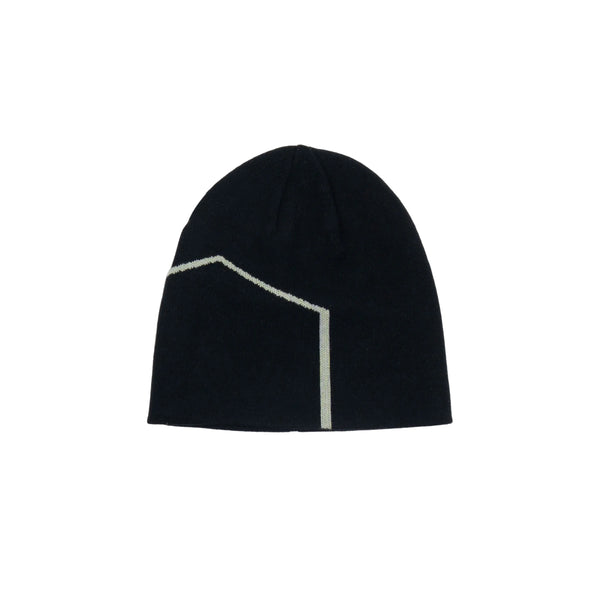 Black beanie with a white stripe on a light gray background