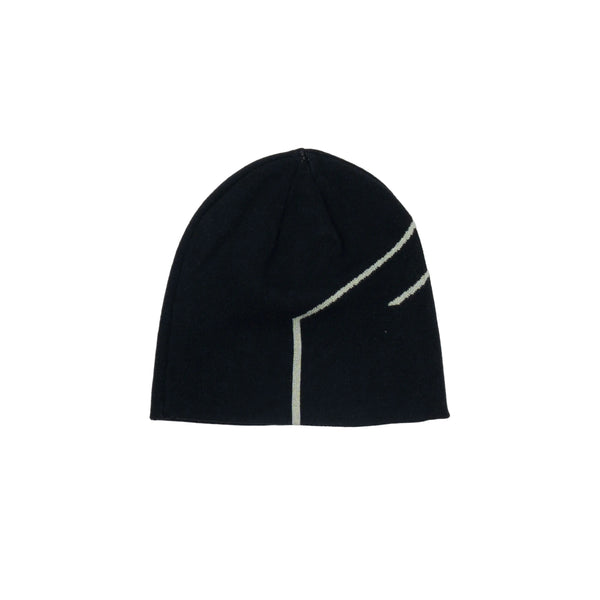 Black beanie with white trim on a light gray background