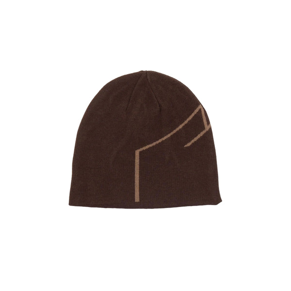 Brown beanie with a geometric pattern on a light beige background