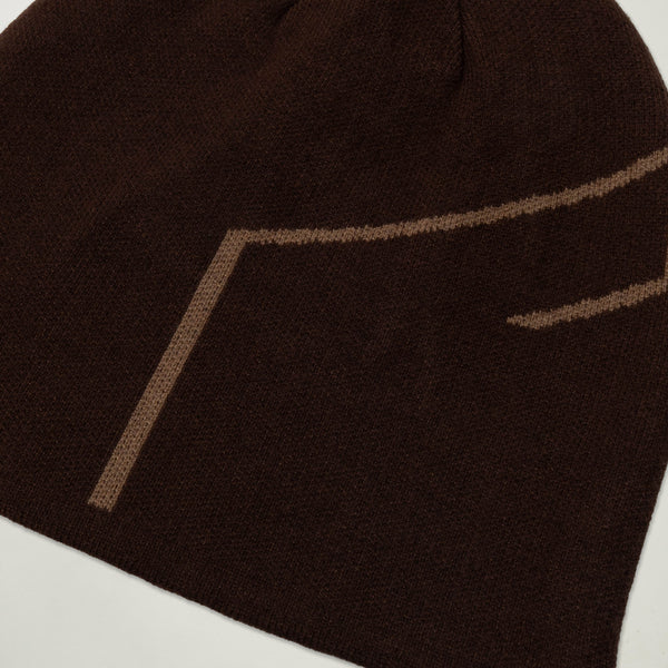 Brown beanie with a logo on a light gray background