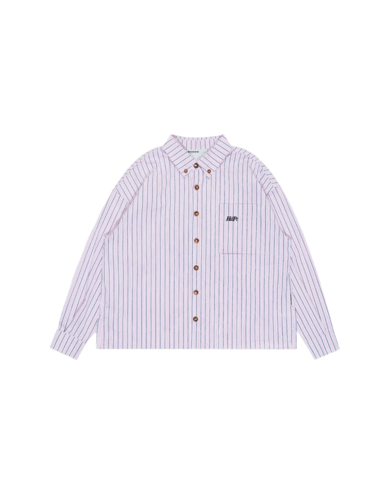 A pink striped long-sleeved shirt with a button-down collar and a front pocket featuring an embroidery logo.