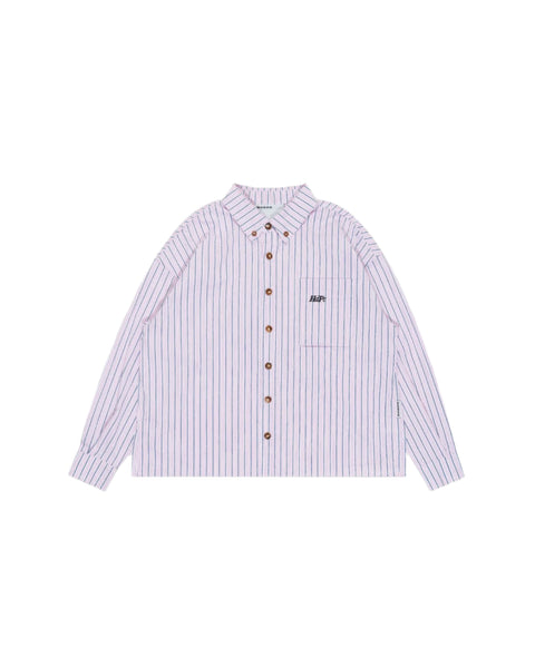 A pink striped long-sleeved shirt with a button-down collar and a front pocket featuring an embroidery logo.