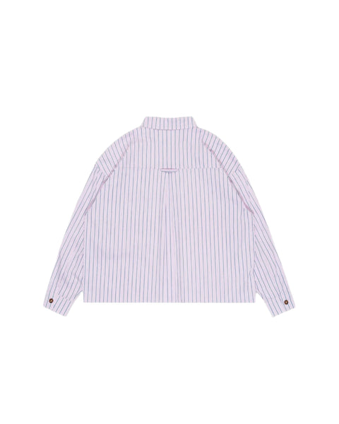 Purple and white striped shirt on a light gray background
