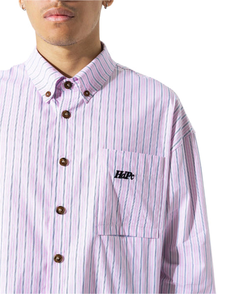 Purple striped shirt with a logo on the chest pocket against a white background