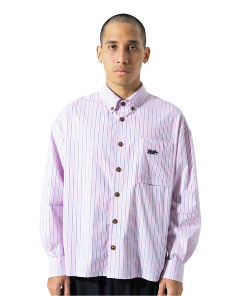 Man wearing a purple striped shirt with a logo on a white background