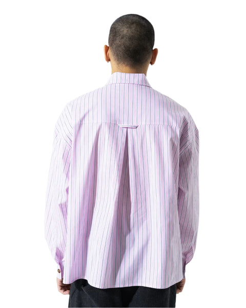 Person wearing a purple striped shirt on a white background