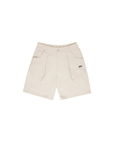 Beige pleated shorts with side pocket featuring embroidery, displayed against a white background.