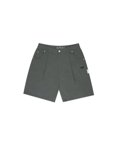 A pair of pleated shorts in black color with visible brand tag, designed with pockets and a belt loop.