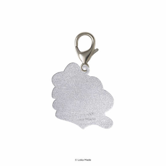 Silver dog tag with a lobster clasp on a white background