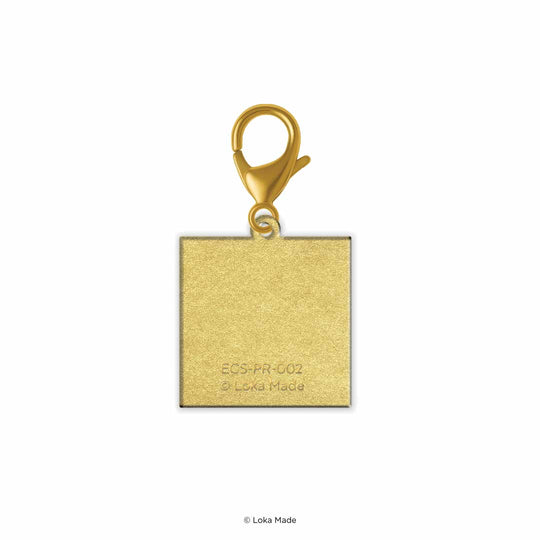 Gold square pendant with clasp on a white background