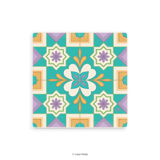 Colorful tile with geometric pattern on a white background