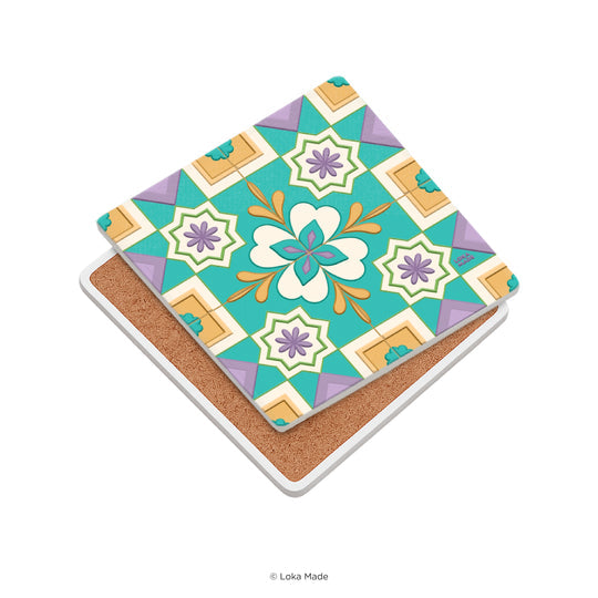 Decorative coaster with a colorful geometric pattern on a white background