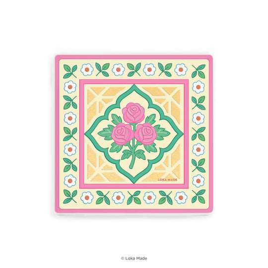 Decorative square with floral and rose design on a white background