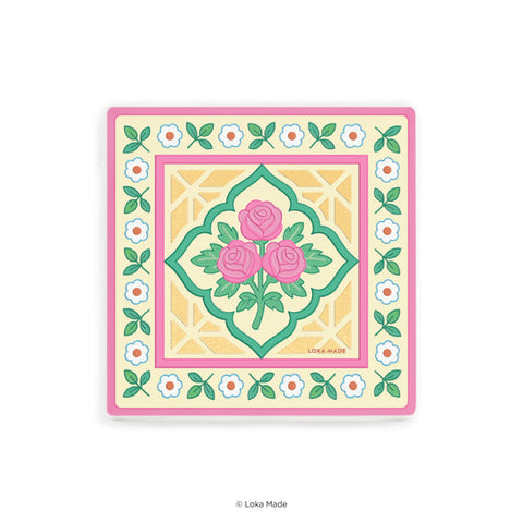 Decorative square with floral and rose design on a white background