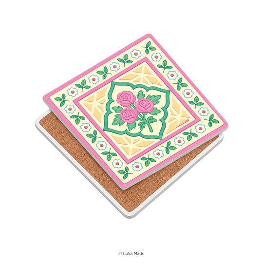 Decorative coaster with floral design on a white background