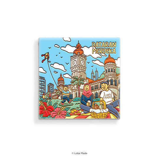 Colorful illustration of Dataran Merdeka with people and a clock tower on a white background