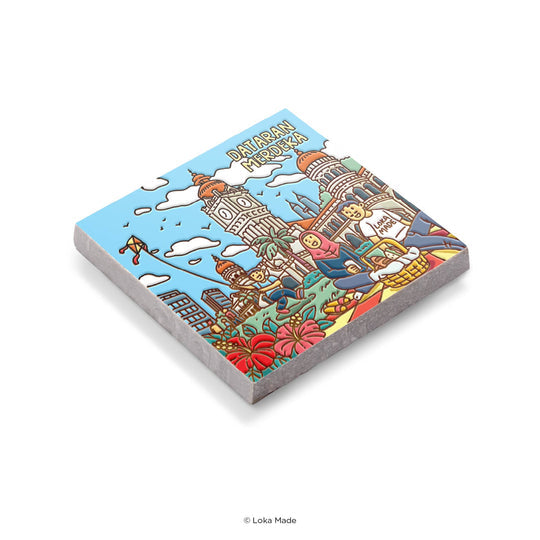 Colorful notebook with a cityscape design on a white background