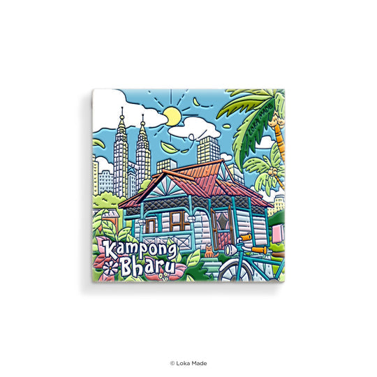 Colorful illustration of a traditional house with modern skyline and palm tree, labeled 'Kampong Bharu'.
