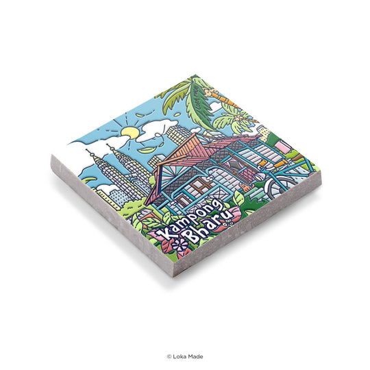 Colorful notebook with a design of a traditional building and palm trees on a white background