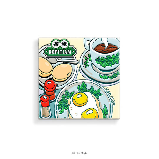 Colorful illustration of a plate with food items and a cup of tea, featuring the brand 'Kopitiam'.