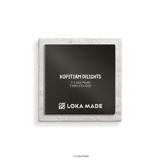 Square black plaque with 'Kopitiam Delights' and 'Loka Made' branding on a white background