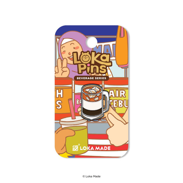 Colorful packaging for Loka Pins with a cartoon character and beverage theme.