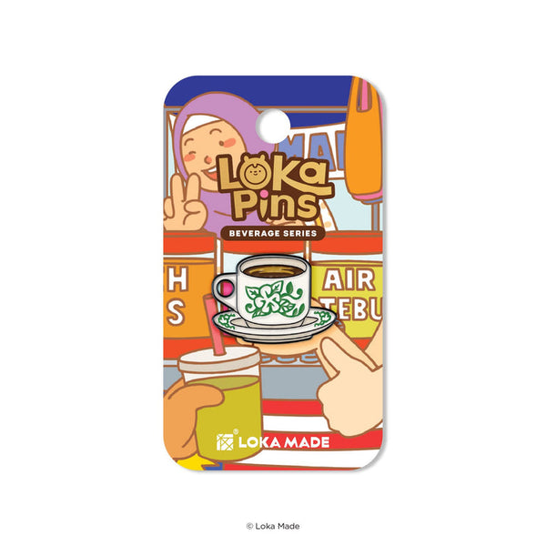 Colorful packaging for Loka Pins with a cartoon character and coffee-themed design.