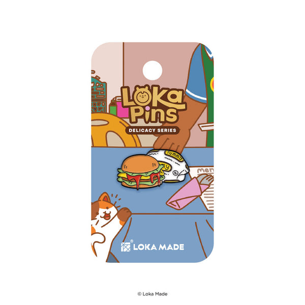 Loka Pins Delicacy Series packaging with cartoon illustrations on a white background